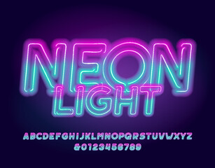 Neon Light alphabet font. Two neon colors letters and numbers. Stock vector typeface for your design.