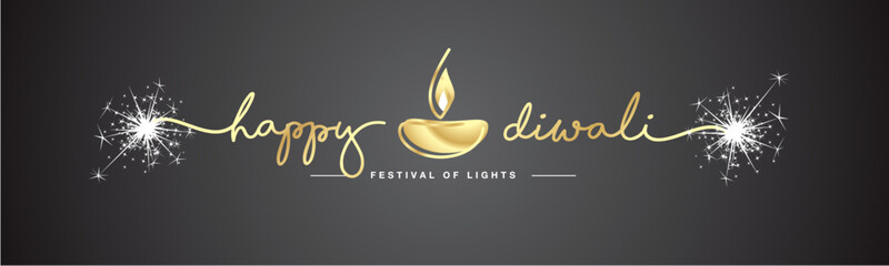Happy Diwali festival of light gold handwritten calligraphy typography golden diya oil lamp white sparkle firework black background