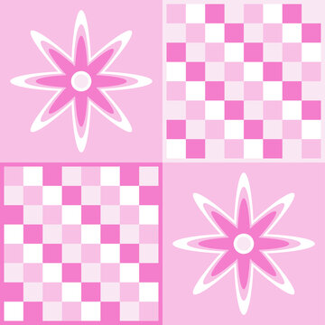 Flowers and chessboard pattern in pink and white. Template for fabric and background.