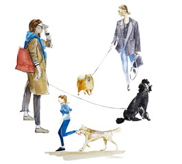 Watercolor fashion illustration.  Three women with dogs on walking on the street