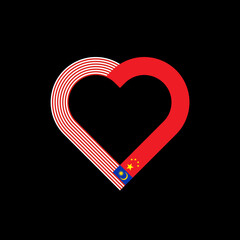 friendship concept. heart ribbon icon of malaysian and chinese flags. vector illustration isolated on black background