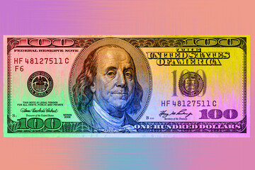 Contemporary artwork background with colored banknote. Digital texture backdrop. Trendy pop art fun culture. Neural network art poster. Funky punk collage design. Creative concept money illustration. - 533094287