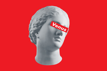 Antique sculpture of human face in artificial intelligence pop art style. Modern creative concept image with ancient statue head. Contemporary neural network art poster. Funky punk collage design.