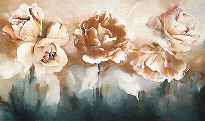Oil painting with flower rose, leaves. Botanic print background on canvas -  triptych In Interior, art. - 533095273