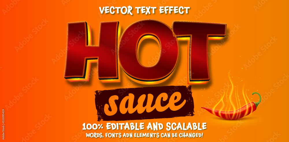 Wall mural hot sauce pepper text effect, editable mexican food fire text style on orange background, vector edi - Wall murals