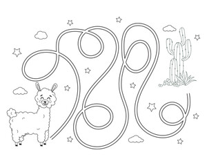 Maze game for preschool children. Puzzle with tangled road. Outline coloring page for kids book. Cute alpaca with cacti. Vector illustration. © VctAn