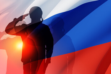 Silhouettes of russian soldiers in uniforms on background of the Russian flag. Military recruitment...