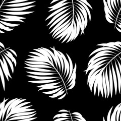 Obraz premium palm leaves seamless pattern with vintage monochromatic stylish color on dark background. coconut foliage. tropical pattern. old design. foliage background. tropical wallpaper. autumn. spring. fall 