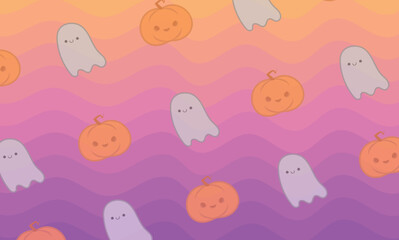Halloween background. Pumpkin and ghost pattern. Vector, illustration, cute, cartoon style.