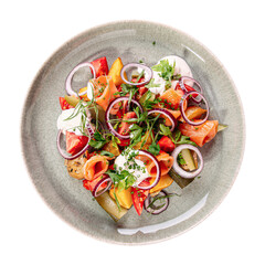 Portion of salmon salad with pickles and onion