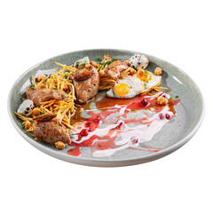 Stewed quail pai potatoes lingonberry sauce eggs