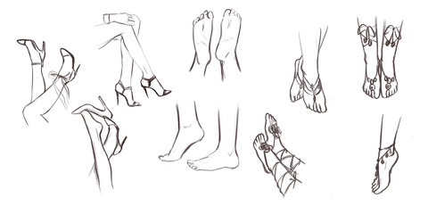pencil sketch set of male and female legs with and without shoes