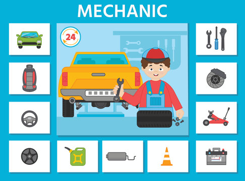 Educational game for kids.  Learning cards. Professions. Auto mechanic and tools. Preschool worksheet activity. Vector illustration