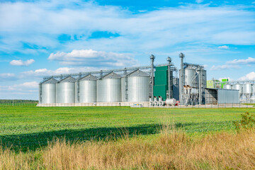 Pig farm side view. Modern pig breeding complex, industrial plant. Tanks at the factory © Oleg