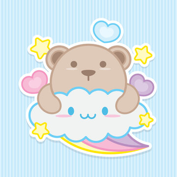 cute bear on cloud with rainbow illustration graphic vector in kawaii style