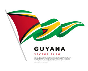 The flag of Guyana hangs on a flagpole and flutters in the wind. Vector illustration isolated on white background.