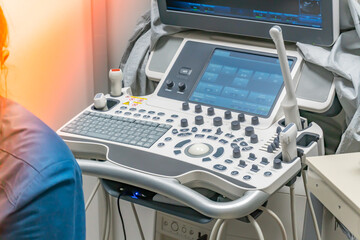 Ultrasound machine in veterinary clinic. Professional equipment of veterinary clinics. A mobile...