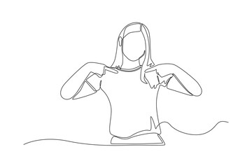 Single one line drawing confident girl pointing fingers down to show advertisement. Pointing concept. Continuous line draw design graphic vector illustration.