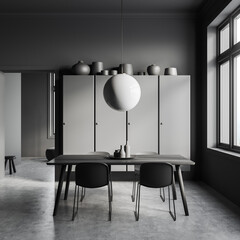 Grey dining room interior with table and chairs, shelf and window