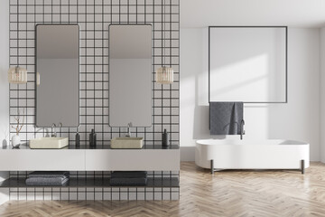 Obraz na płótnie Canvas Light bathroom interior with two washbasin and tub, accessories