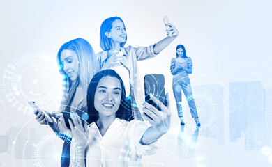 Businesswomen network and diverse circles with lines, global connection