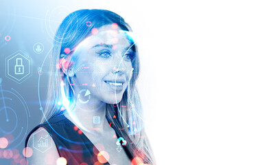Businesswoman portrait, earth sphere and digital hud with icons. Copy space