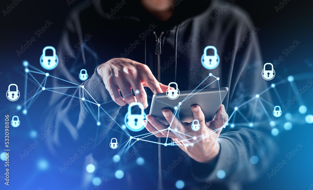 Poster hacker attack system, cybersecurity hologram and lock chain