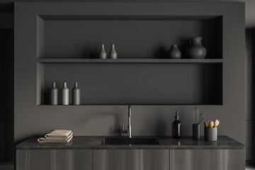 Grey kitchen set interior with sink and kitchenware