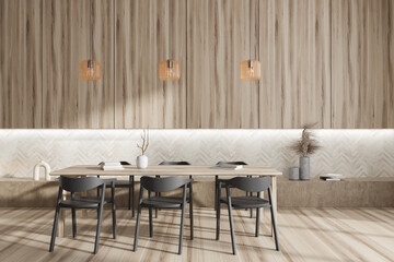 Stylish meeting room interior with dining table and seats, decoration