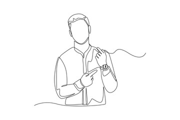 Continuous one line drawing man in worker pointing at wrist watch. Timer concept. Single line draw design vector graphic illustration. - obrazy, fototapety, plakaty