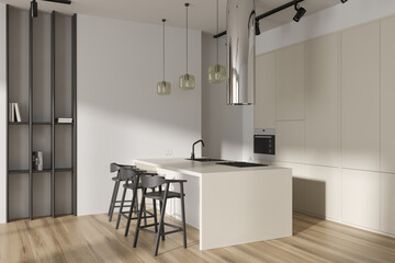 Light kitchen interior with countertop and seats, shelves and kitchenware