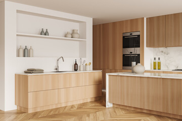 Light kitchen interior with bar countertop and cooking area with kitchenware