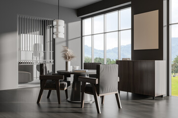 Grey living room interior with dining table, drawer and window. Mockup frame