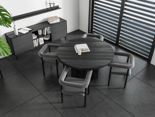 Top view of grey meeting room interior with table and chairs, drawer and window