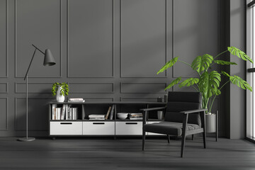 Grey relax interior with armchair and sideboard with window. Empty wall