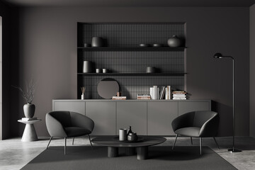 Grey living room interior with two seats and coffee table, decoration on drawer