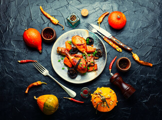 Baked chicken drumsticks with pumpkin