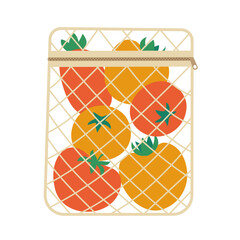 Mesh bag with vegetables: fresh red and yellow tomatoes. The concept of zero waste, eco-friendly shopping, care for the environment. Eco shopping bag with organic vegetables. Vector illustration