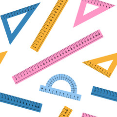 Seamless pattern of school rulers. Multicolored rulers, triangle, protractor. School background, education concept, study, math and geometry, drawing tools. Vector illustration