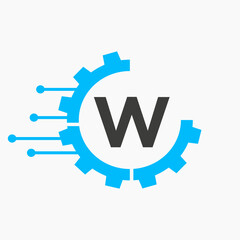 Cog Gear Logo Technology Symbol On Letter W Vector Template