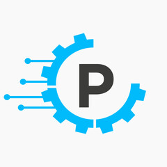 Cog Gear Logo Technology Symbol On Letter P Vector Template