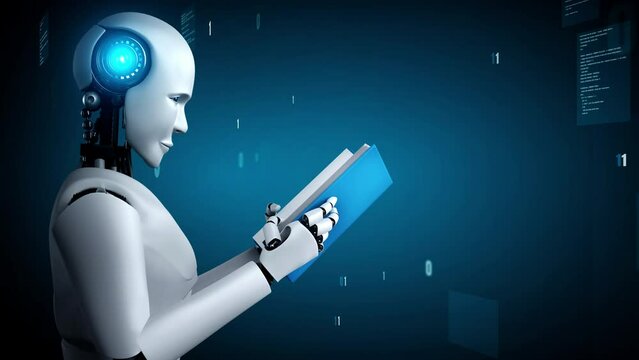 Futuristic robot artificial intelligence huminoid AI programming coding technology development and machine learning concept. Robotic bionic science research for future of human life. 3D rendering.