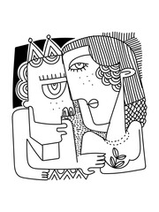 Abstract portrait drawing, lines, black and white cubism art style vector illustration. Woman, man, human face portrait contemporary trendy, fashion design