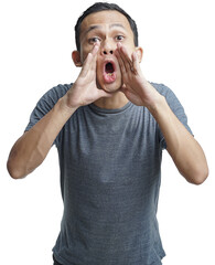 Close up portrait of a young asian man shouting loud with arm at his face isolated on studio...