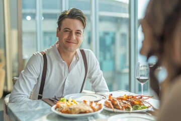 Fototapeta na wymiar Photo of a young handsome caucasian white male guy having a good time with his asian girlfriend eating lunch in a rooftop restaurant and lounge with nice view of the city skyline