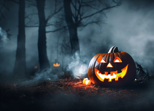 Scary and terrifying pumpkin in a haunted forest full of demons and ghosts on Halloween night where children are scared, 3d illustration