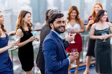 Photo of a group of businessmen and businesswomen mingle with each other drinking wine and champagne on a rooftop bar celebrating the successful of company latest deal and hit target goal of the year - obrazy, fototapety, plakaty
