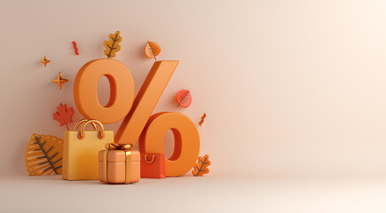 Autumn decoration background with percent symbol, shopping bag, gift box, copy space text, 3d rendering illustration - obrazy, fototapety, plakaty