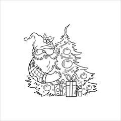 Doodle illustration with gnome coloring page on white background for print design. Funny vector illustration.