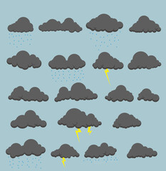 set simple clouds raining and thunder icon collection vector illustration EPS10